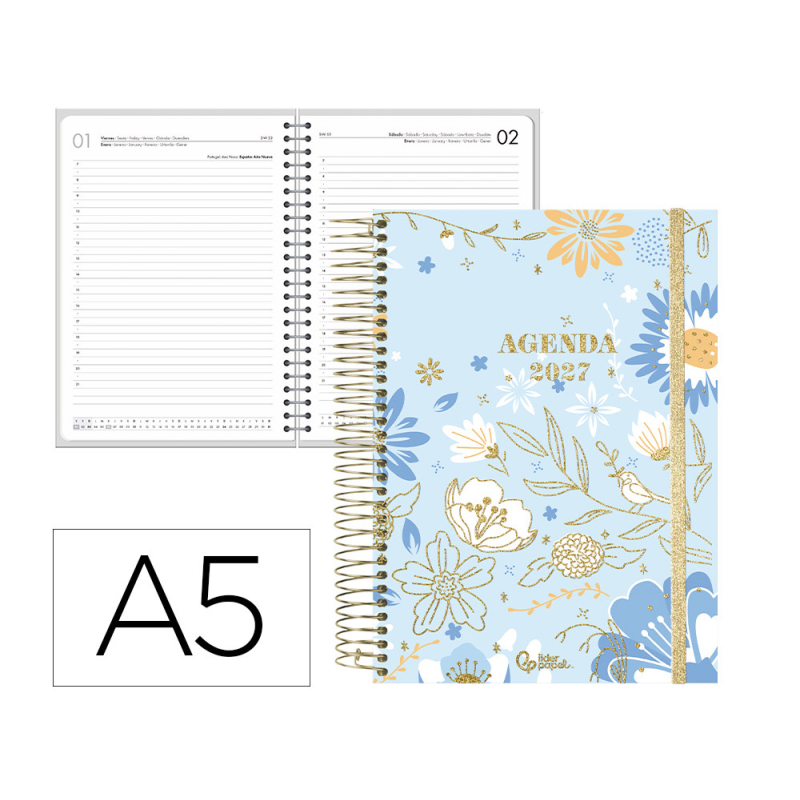 Agenda oficina liderpapel 2027 espiral fantasy dia pagina a5 bilingue 70g papel fsc design 2