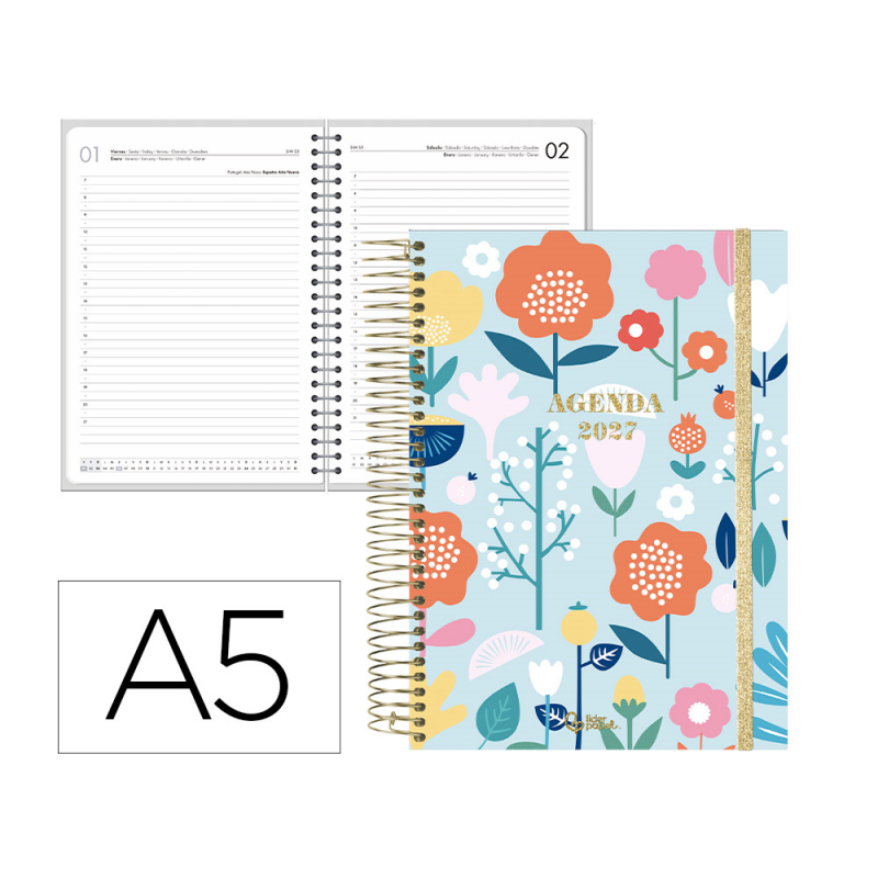 Agenda oficina liderpapel 2027 espiral fantasy dia pagina a5 bilingue 70g papel fsc design 1