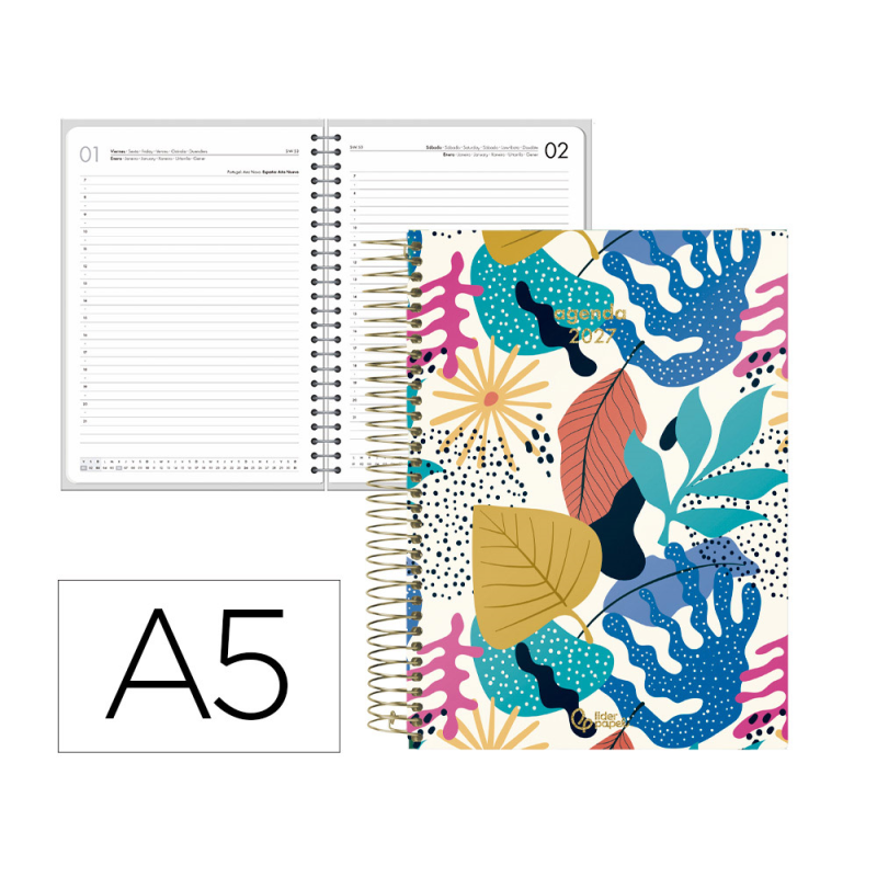 Agenda oficina liderpapel 2027 espiral fantasy dia pagina a5 bilingue 70g papel fsc design 1