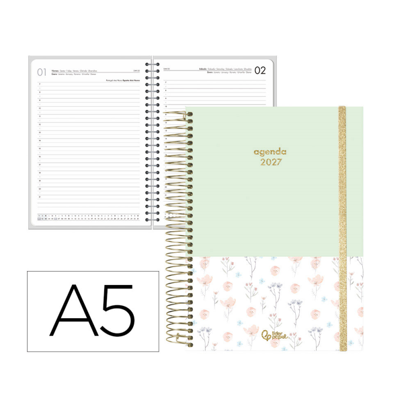 Agenda oficina liderpapel 2027 espiral fantasy dia pagina a5 bilingue 70g papel fsc design 1