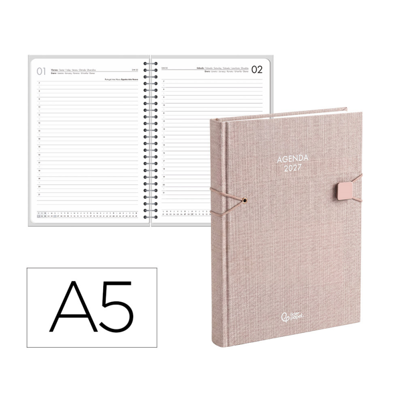 Agenda oficina liderpapel 2027 encuadernada elastic closure dia pagina a5 bilingue 70g papel fsc design