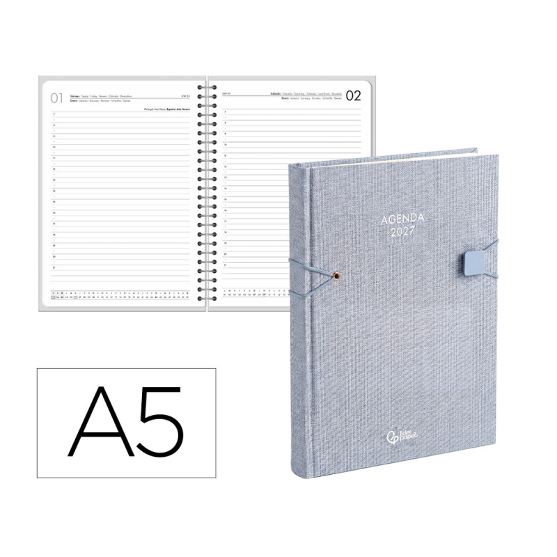 Agenda oficina liderpapel 2027 encuadernada elastic closure dia pagina a5 bilingue 70g papel fsc design