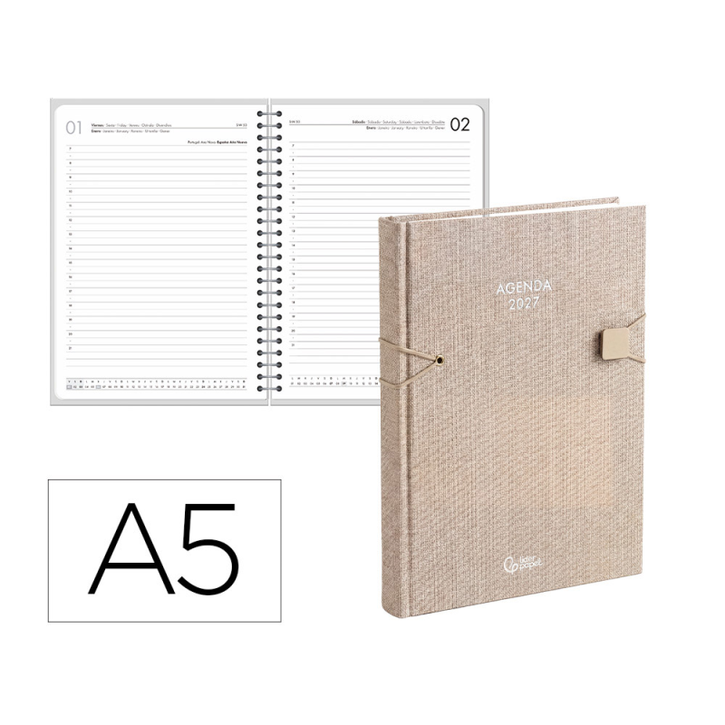 Agenda oficina liderpapel 2027 encuadernada elastic closure dia pagina a5 bilingue 70g papel fsc design