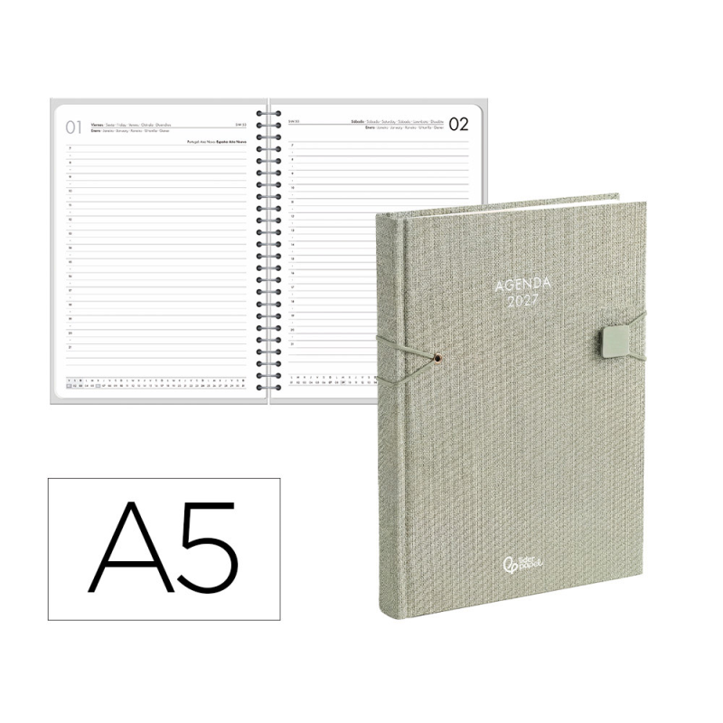 Agenda oficina liderpapel 2027 encuadernada elastic closure dia pagina a5 bilingue 70g papel fsc design