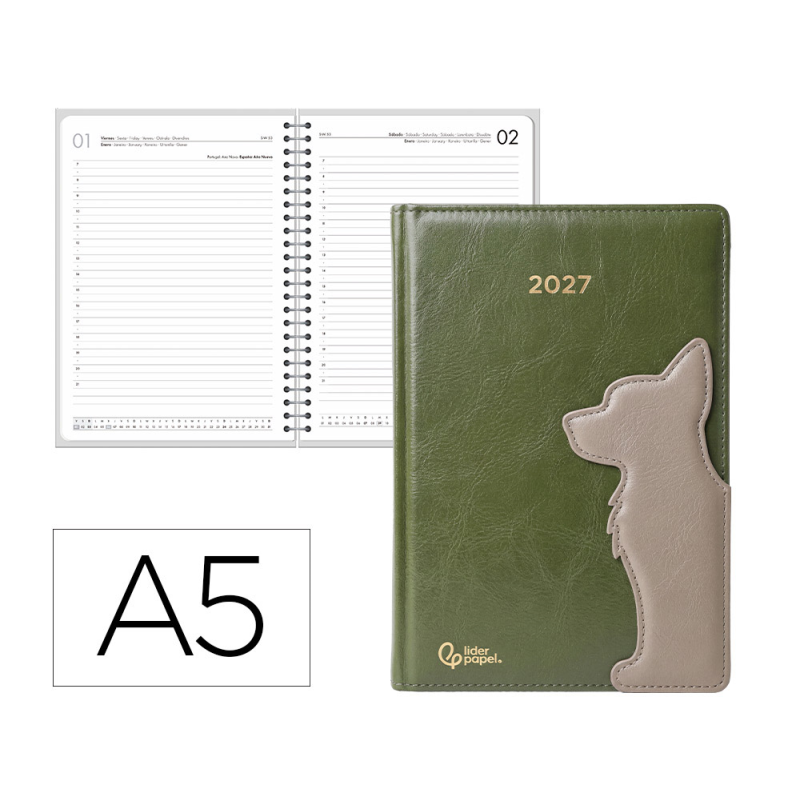 Agenda oficina liderpapel 2027 encuadernada dog pen loop dia pagina a5 bilingue 70g papel fsc design 2