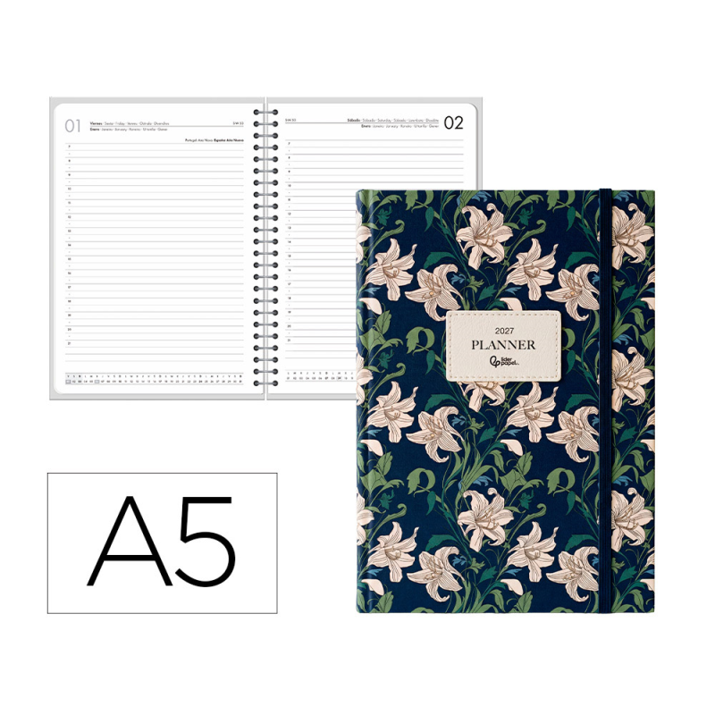 Agenda oficina liderpapel 2027 encuadernada fantasy elegant dia pagina a5 bilingue 70g papel fsc design