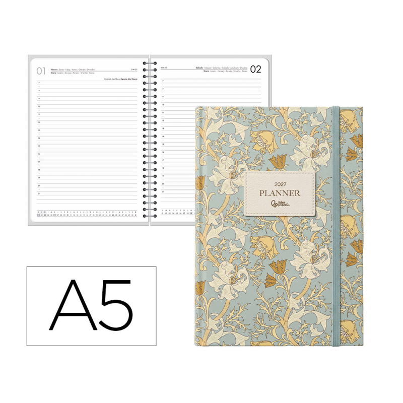 Agenda oficina liderpapel 2027 encuadernada fantasy elegant dia pagina a5 bilingue 70g papel fsc design
