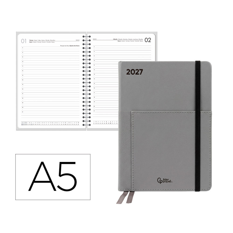 Agenda oficina liderpapel 2027 encuadernada elastic pocket collection dia pagina a5 bilingue 70g papel fsc