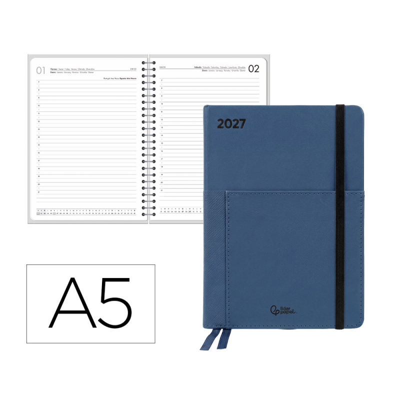 Agenda oficina liderpapel 2027 encuadernada elastic pocket collection dia pagina a5 bilingue 70g papel fsc