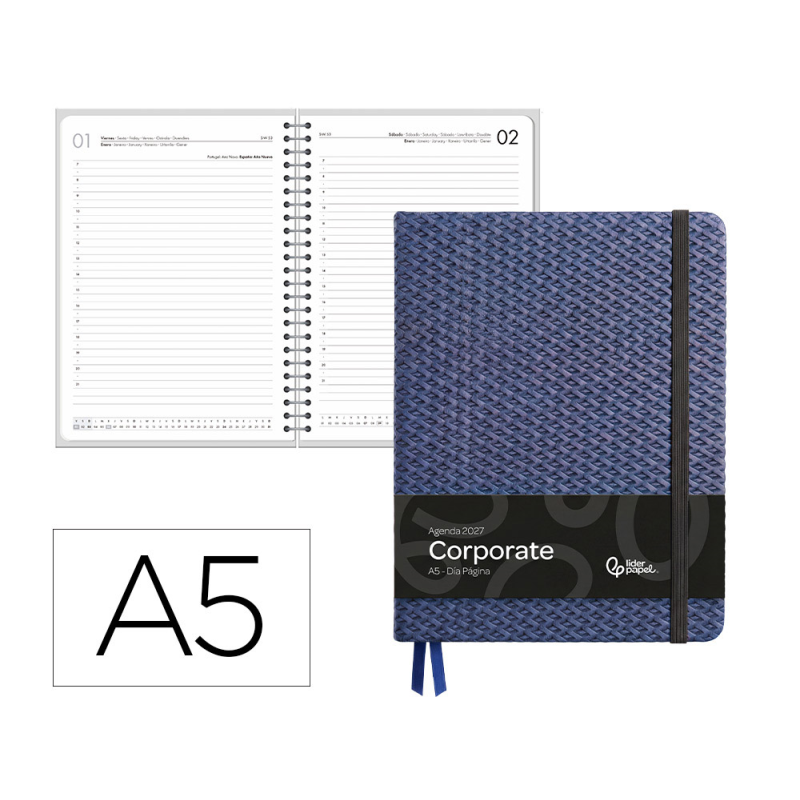 Agenda oficina liderpapel 2027 encuadernada corporate b dia pagina a5 bilingue 70g papel fsc design 2