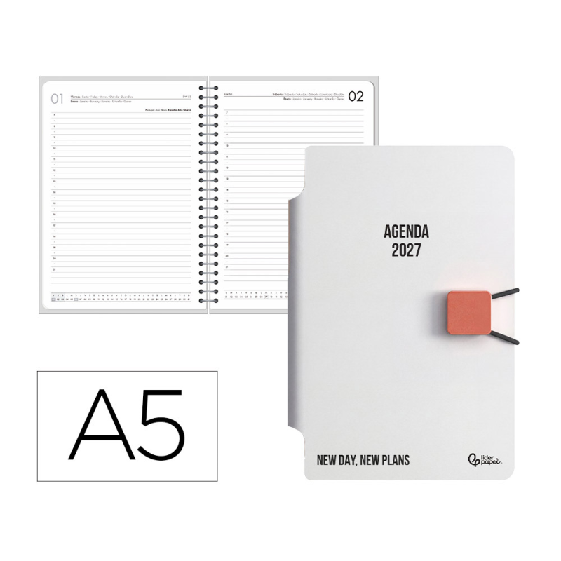 Agenda oficina liderpapel 2027 encuadernada elastic closure pen dia pagina a5 bilingue 70g papel fsc design