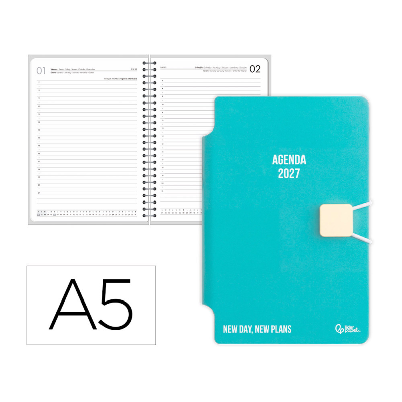 Agenda oficina liderpapel 2027 encuadernada elastic closure pen dia pagina a5 bilingue 70g papel fsc design