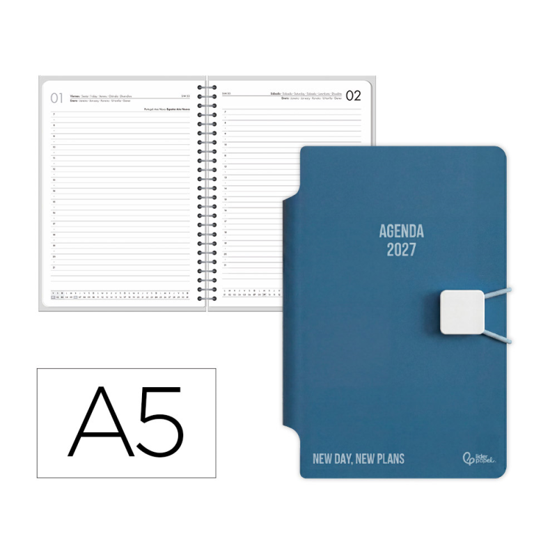 Agenda oficina liderpapel 2027 encuadernada elastic closure pen dia pagina a5 bilingue 70g papel fsc design