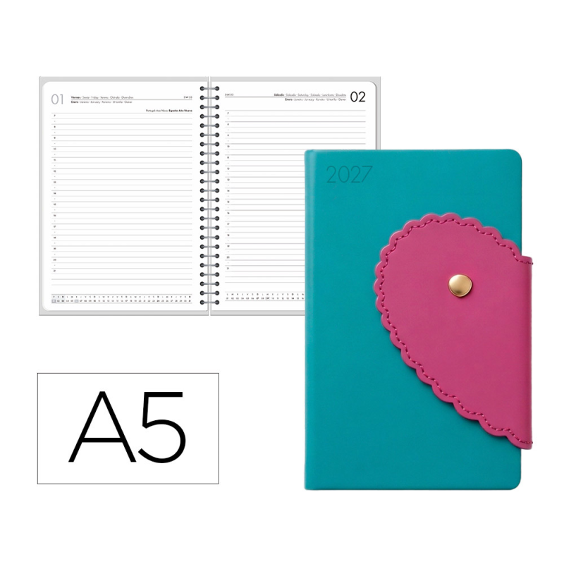 Agenda oficina liderpapel 2027 encuadernada heart closure dia pagina a5 bilingue 70g papel fsc design