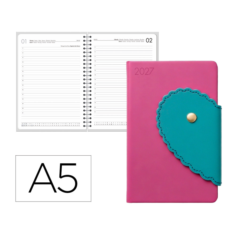 Agenda oficina liderpapel 2027 encuadernada heart closure dia pagina a5 bilingue 70g papel fsc design
