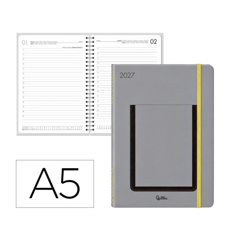 Agenda oficina liderpapel 2027 encuadernada pocket cover dia pagina a5 bilingue 70g papel fsc design 1
