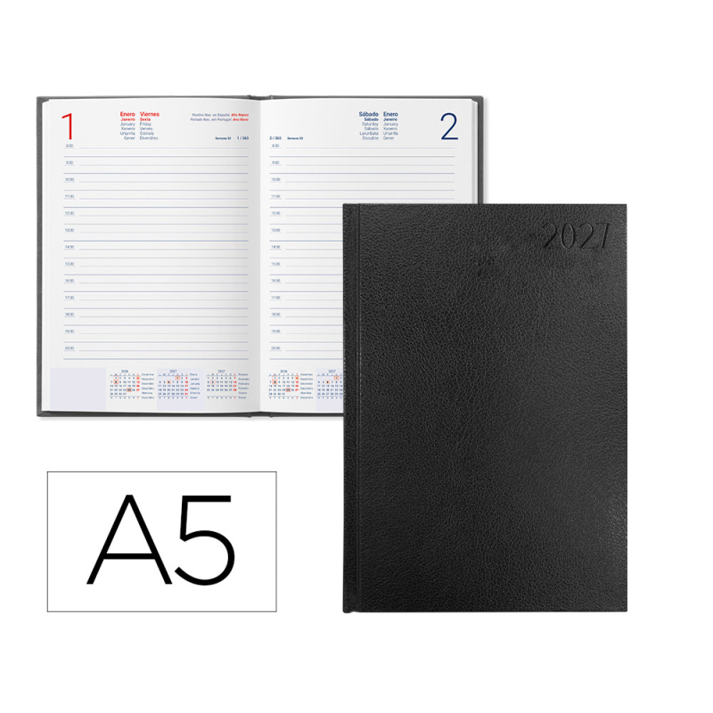 Agenda oficina liderpapel 2027 encuadernada corfu dia pagina a5 bilingue 60g papel fsc black
