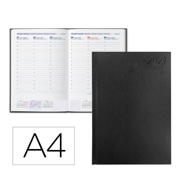 Agenda oficina liderpapel 2027 encuadernada corfu semana vista a4 bilingue 60g papel fsc black