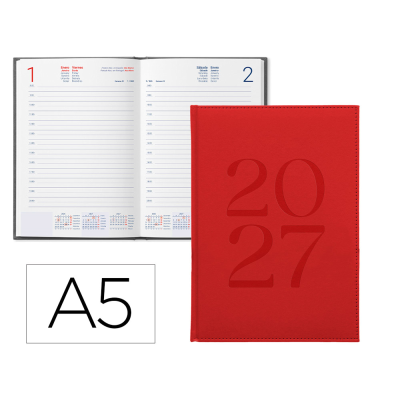 Agenda oficina liderpapel 2027 encuadernada creta dia pagina a5 bilingue 70g papel fsc burgundy