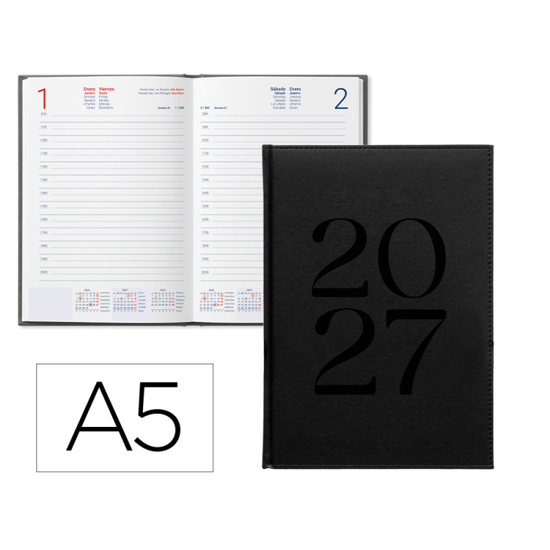 Agenda oficina liderpapel 2027 encuadernada creta dia pagina a5 bilingue 70g papel fsc black