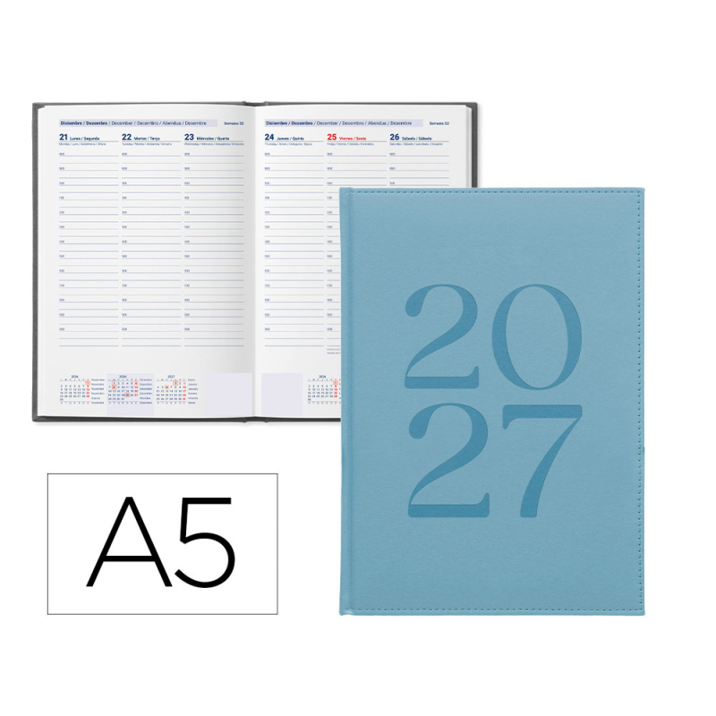 Agenda oficina liderpapel 2027 encuadernada creta semana vista a5 bilingue 70g papel fsc light blue