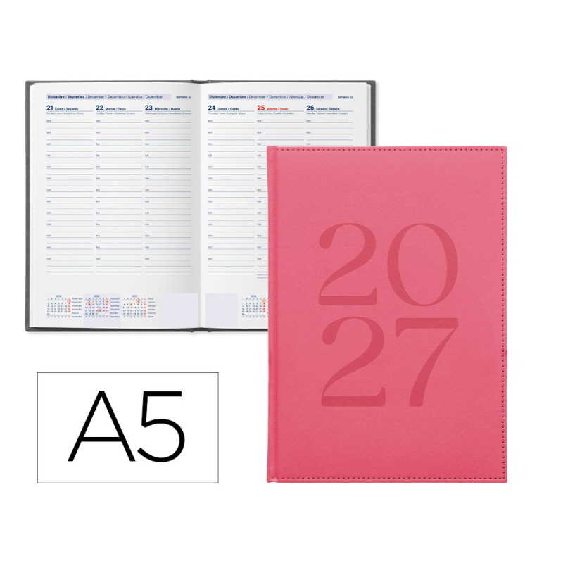 Agenda oficina liderpapel 2027 encuadernada creta semana vista a5 bilingue 70g papel fsc pink
