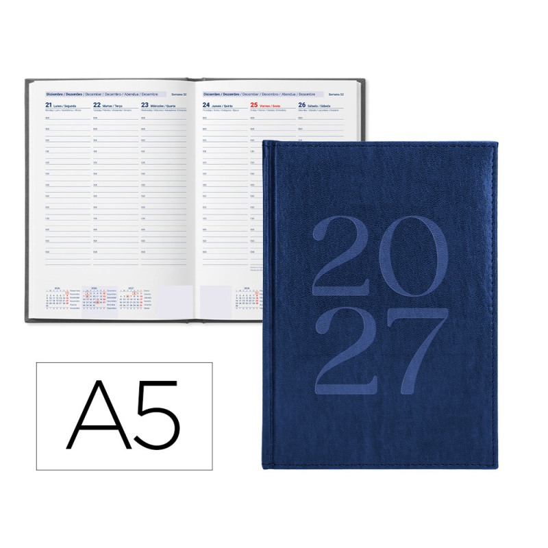 Agenda oficina liderpapel 2027 encuadernada creta semana vista a5 bilingue 70g papel fsc blue