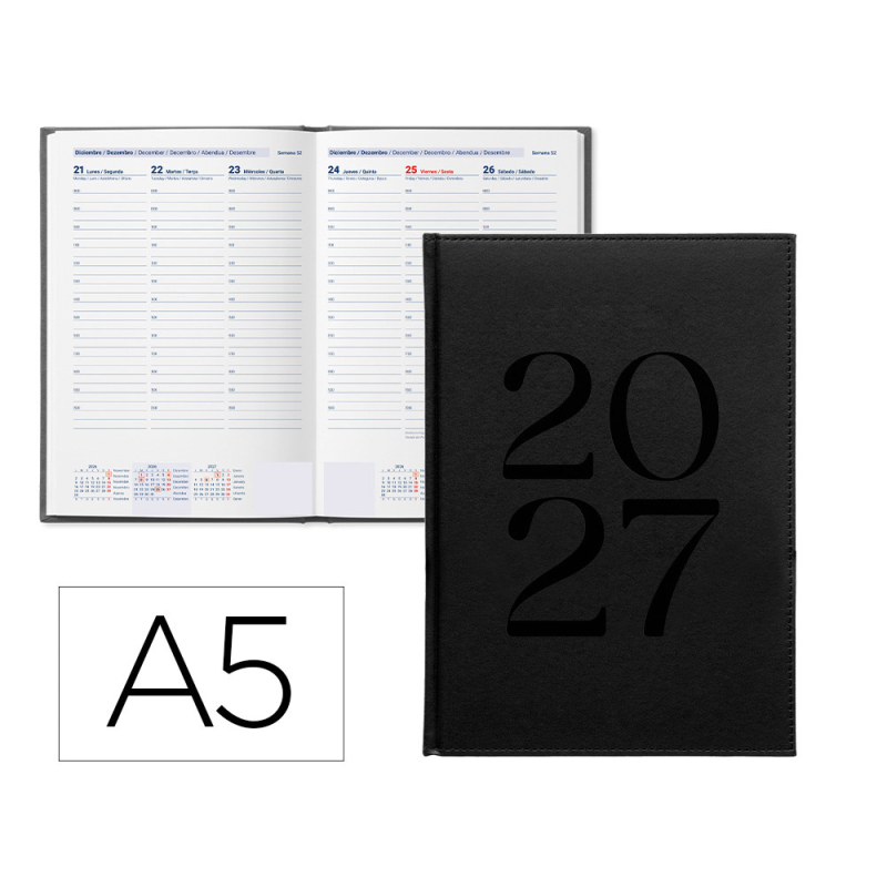 Agenda oficina liderpapel 2027 encuadernada creta semana vista a5 bilingue 70g papel fsc black