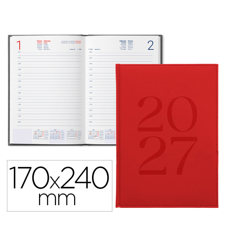 Agenda oficina liderpapel 2027 encuadernada creta dia pagina 170x240 mm bilingue 70g papel fsc burgundy