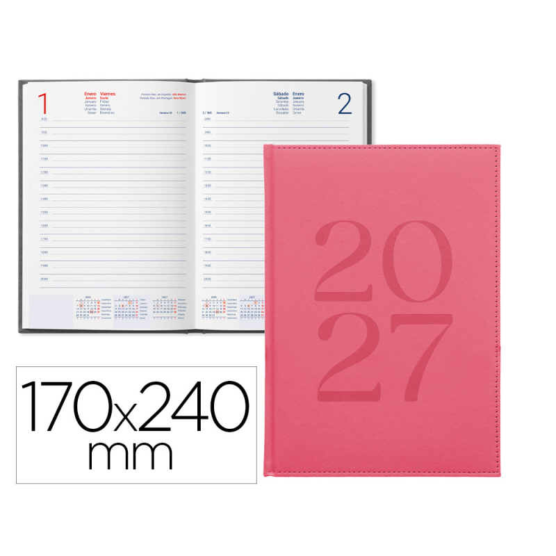 Agenda oficina liderpapel 2027 encuadernada creta dia pagina 170x240 mm bilingue 70g papel fsc pink