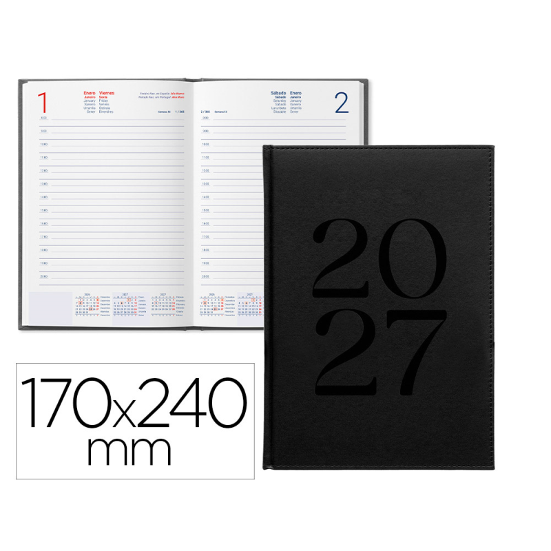 Agenda oficina liderpapel 2027 encuadernada creta dia pagina 170x240 mm bilingue 70g papel fsc black