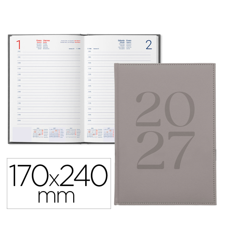 Agenda oficina liderpapel 2027 encuadernada creta dia pagina 170x240 mm bilingue 70g papel fsc grey