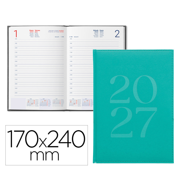 Agenda oficina liderpapel 2027 encuadernada creta dia pagina 170x240 mm bilingue 70g papel fsc green