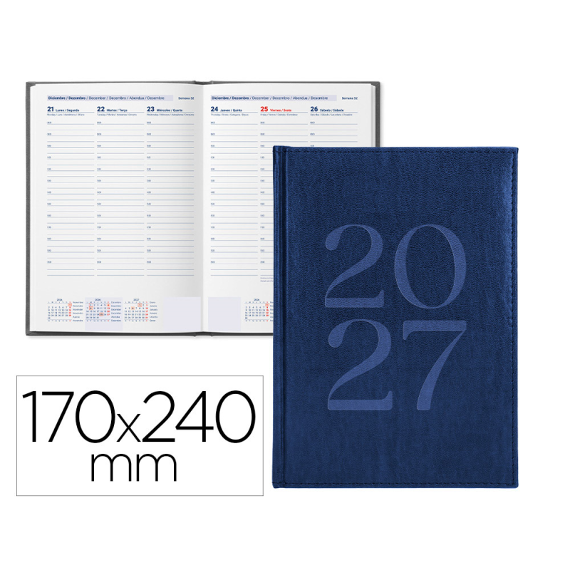 Agenda oficina liderpapel 2027 encuadernada creta semana vista 170x240 mm bilingue 70g papel fsc blue
