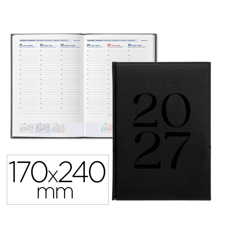 Agenda oficina liderpapel 2027 encuadernada creta semana vista 170x240 mm bilingue 70g papel fsc black