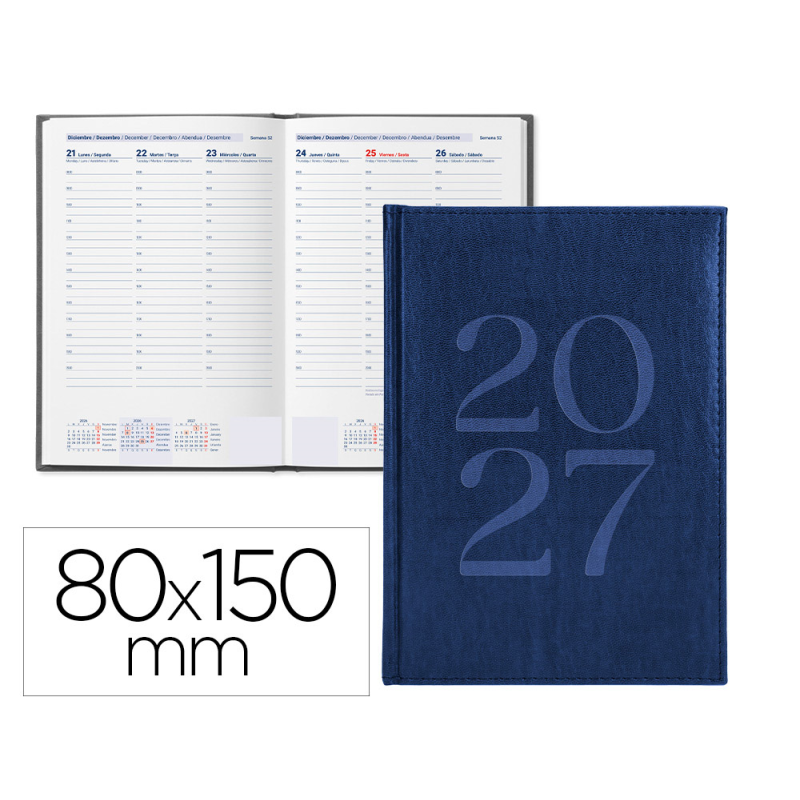 Agenda oficina liderpapel 2027 encuadernada creta semana vista 80x150 mm bilingue 70g papel fsc blue