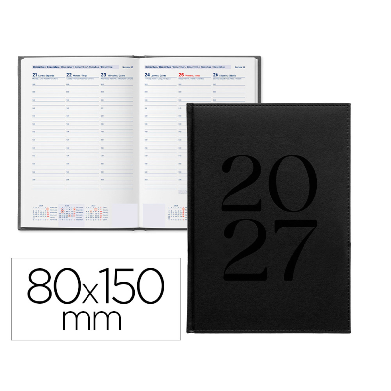 Agenda oficina liderpapel 2027 encuadernada creta semana vista 80x150 mm bilingue 70g papel fsc black