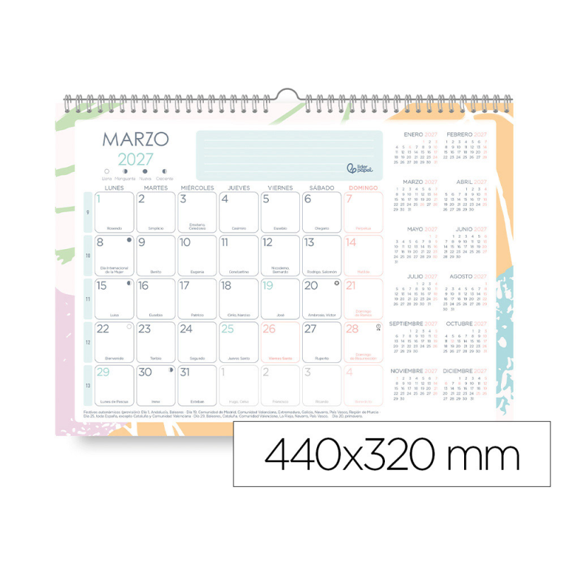 Planning mensual liderpapel teens 2027 440x320 mm con pegatinas lomo engomado papel 128 g