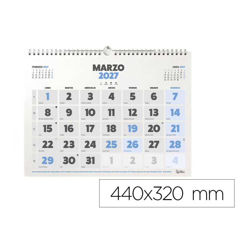 Calendario pared liderpapel clasico 2027 espiral 440x320 mm papel 128 g