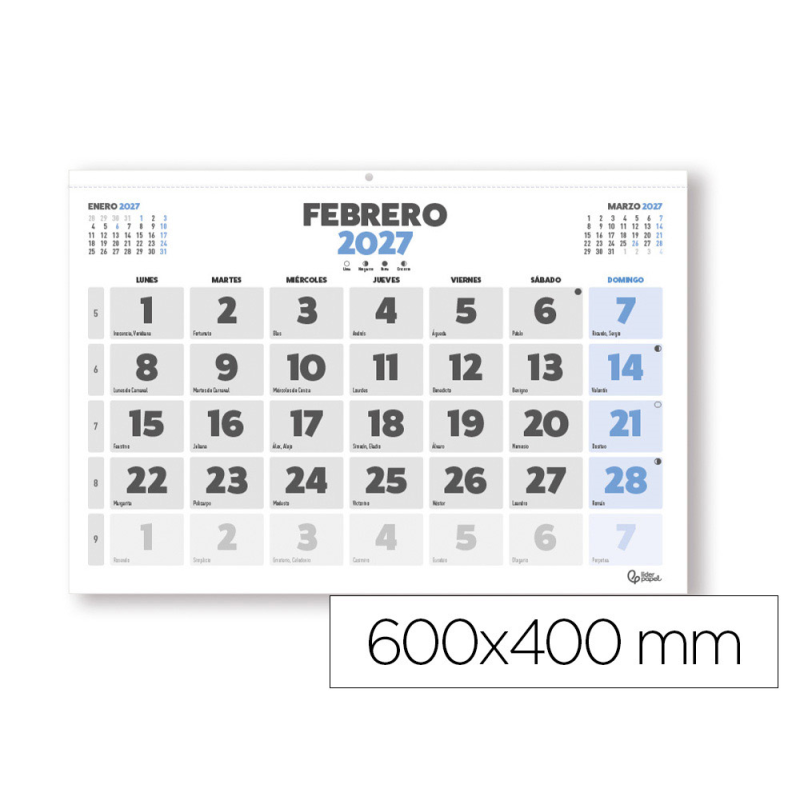 Calendario pared liderpapel clasico 2027 lomo engomado 600x400 mm papel 105 g