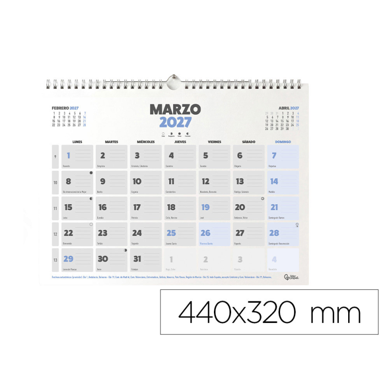 Calendario pared liderpapel clasico 2027 lomo engomado 440x320 mm papel 128 g
