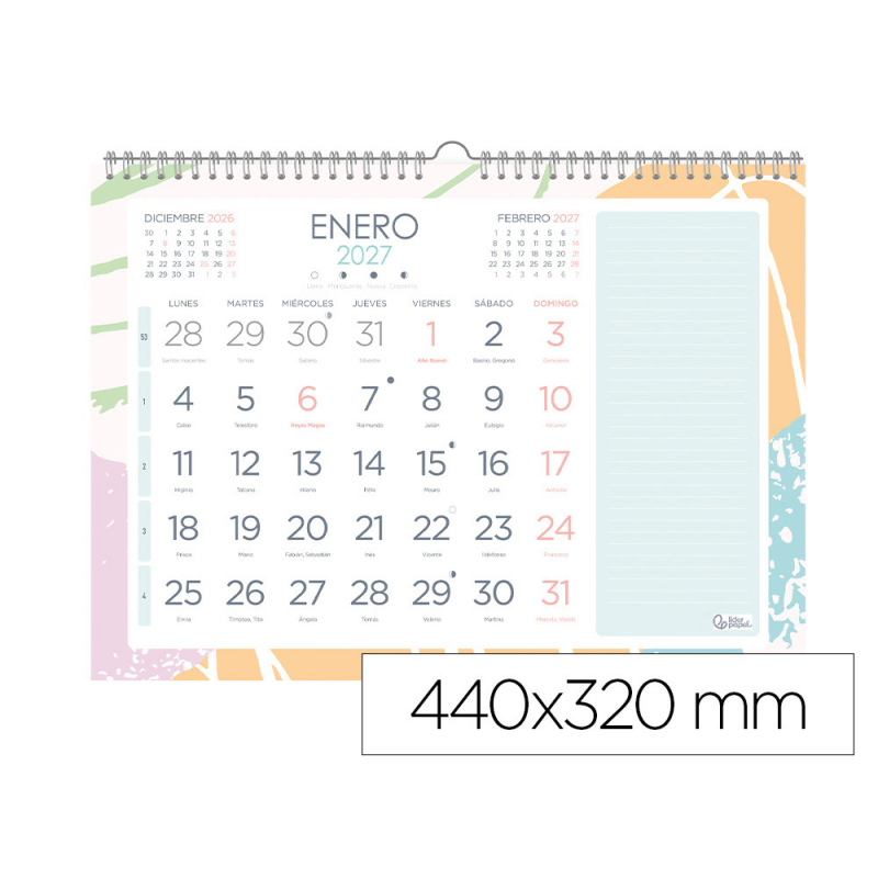 Calendario espiral pared liderpapel joven 2027 numeros grandes 440x320 mm papel 128 g con pegatinas