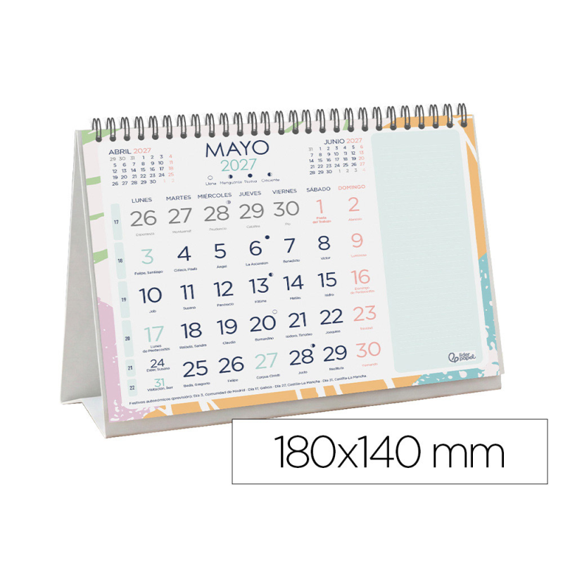 Calendario espiral triangular liderpapel de sobremesa serie joven 2027 180x140 mm papel 128 g con pegatinas