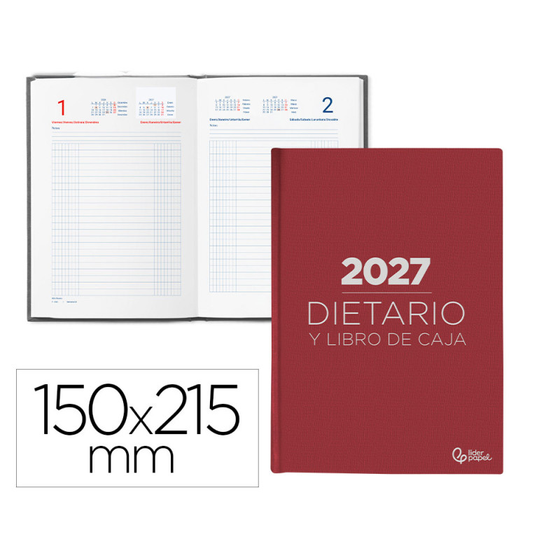 Dietario liderpapel 2027 cuarto 150x215 mm dia pagina bilingue color rojo papel 70 g fsc