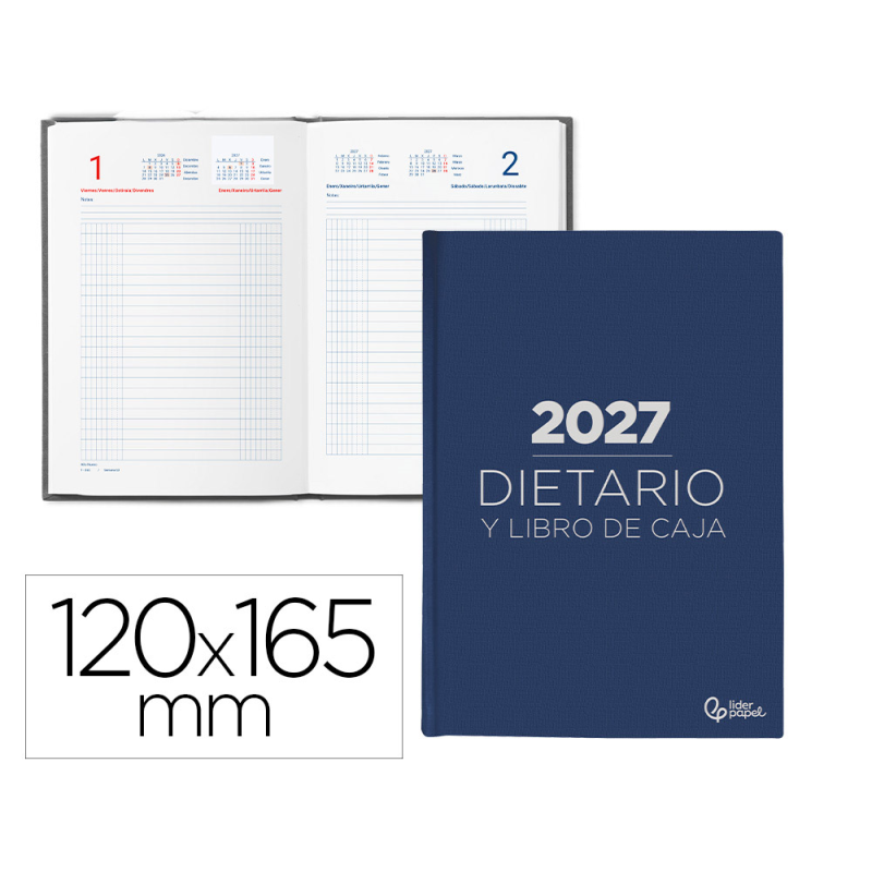 Dietario liderpapel 2027 octavo 120x165 mm dia pagina bilingue color azul papel 70 g fsc