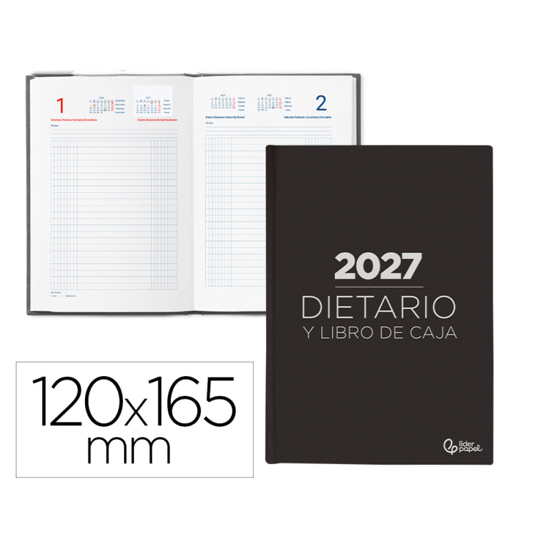 Dietario liderpapel 2027 octavo 120x165 mm dia pagina bilingue color negro papel 70 g fsc