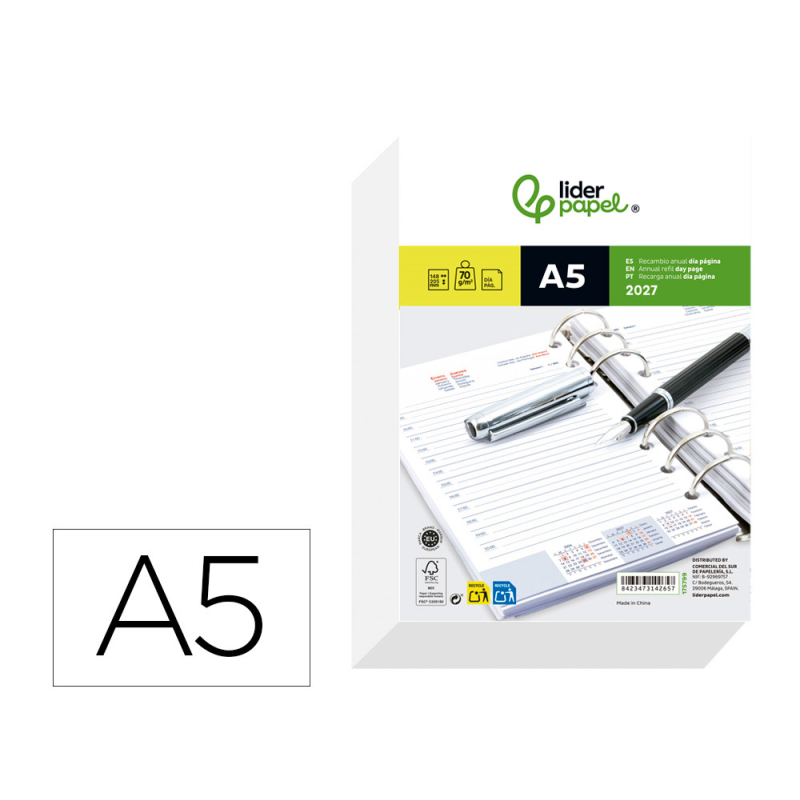 Recambio agenda anillas liderpapel 2027 din a5 148x205 mm dia pagina bilingue 70 g papel fsc