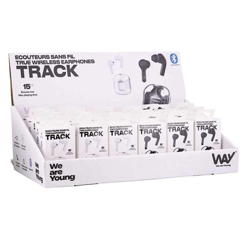 Auriculares track tws con estuche de carga expositor de 12 unidades blanco + 12 color negro