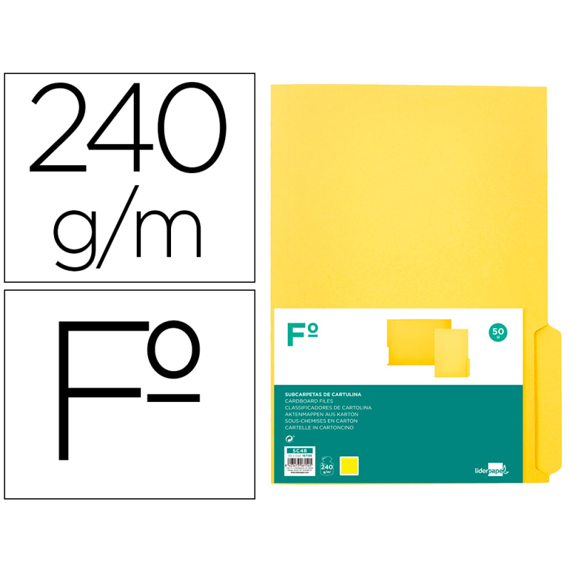 Subcarpeta cartulina liderpapel folio pestaña derecha 240g/m2 amarillo