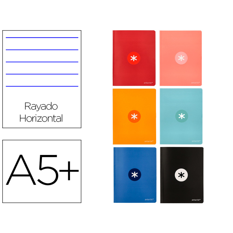 Libreta antartik a5+ plus cosida 48 hojas 90gr rayado horizontal con margen 6 colores surtidos